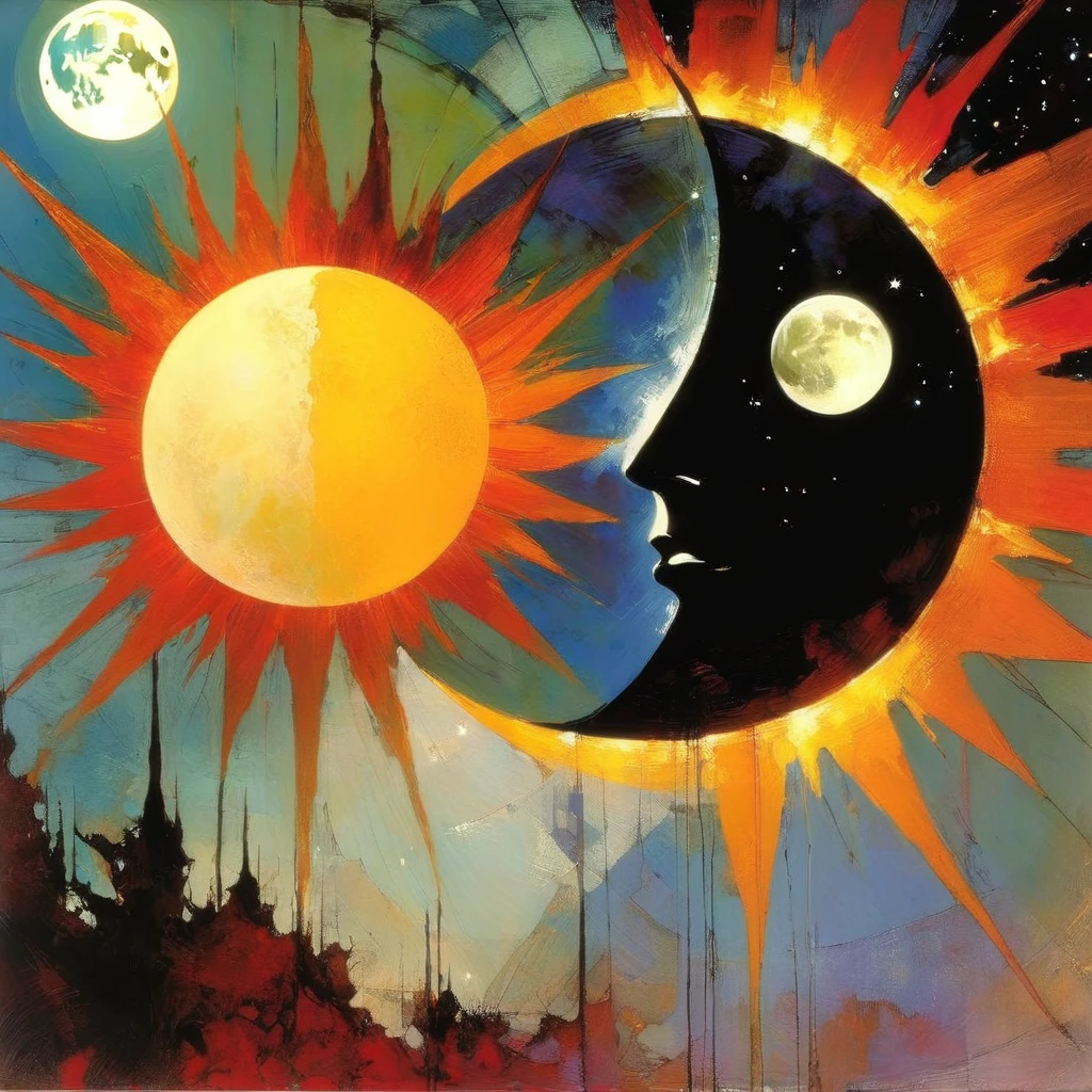 the sun against the moon, (art inspired by Bill Sienkiewicz). oil painting)
