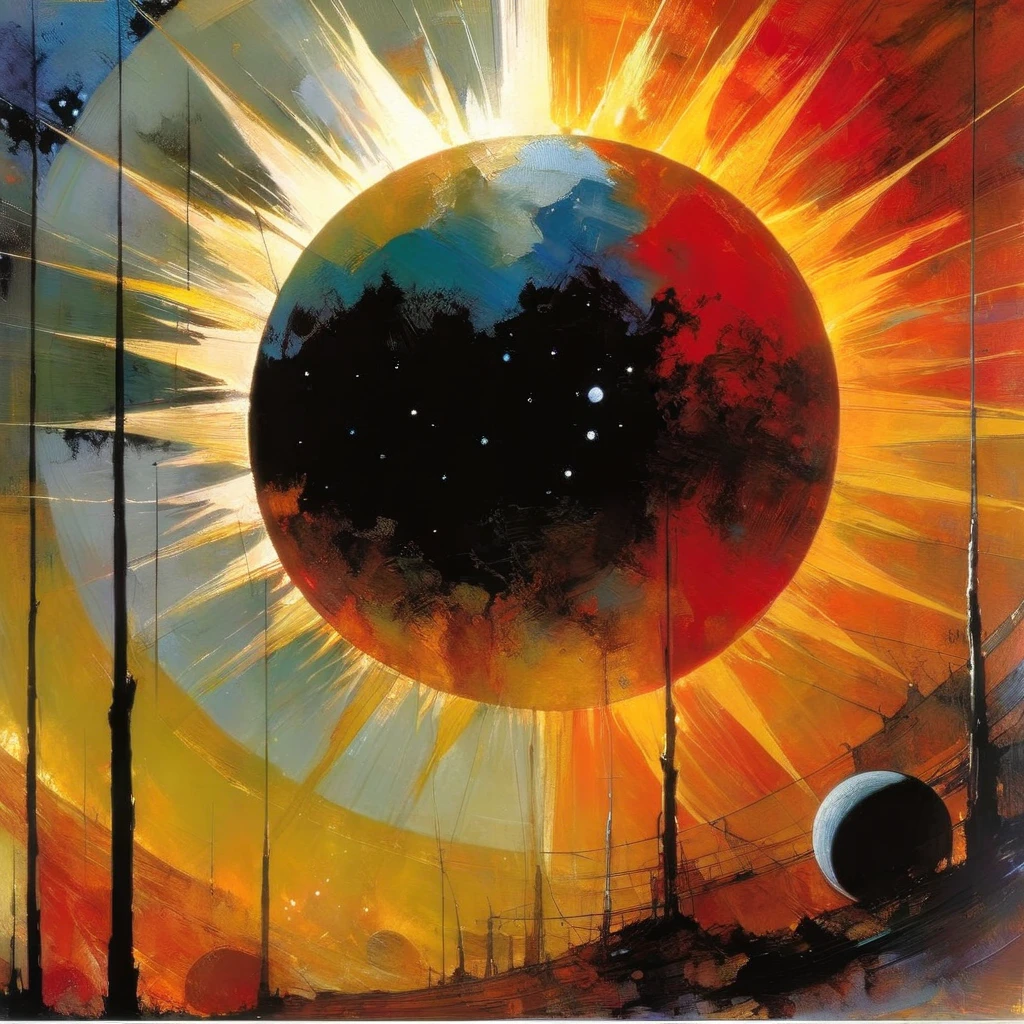 the sun against the moon, (art inspired by Bill Sienkiewicz). oil painting)