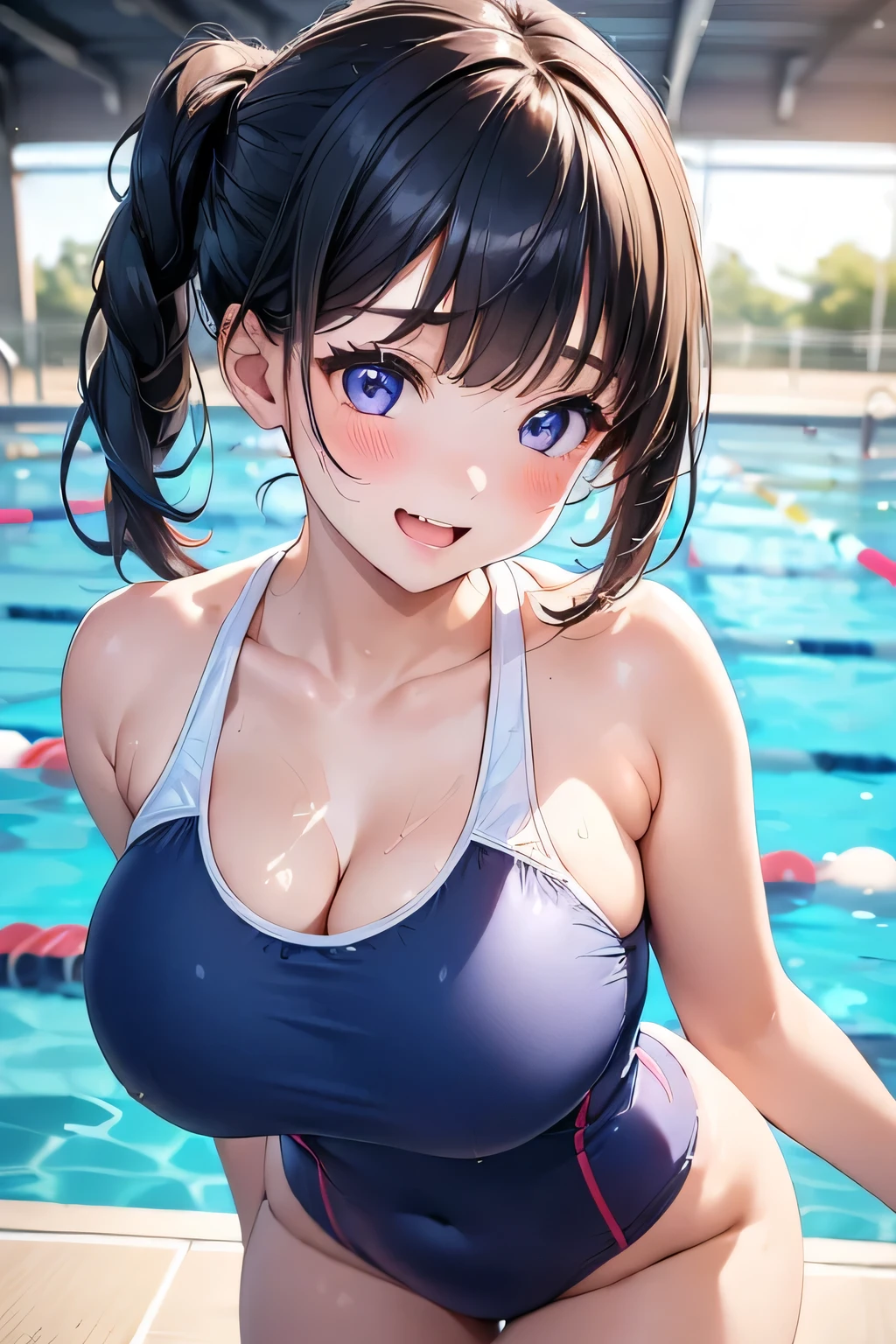 1 lady only, /(competition swimsuit/), adult, /(brown hair/) Bangs, Blushing kind smile, (Masterpiece best quality:1.2) Exquisite illustrations and super detailed, Big breastsBREAK /(indoor swimming pool/)