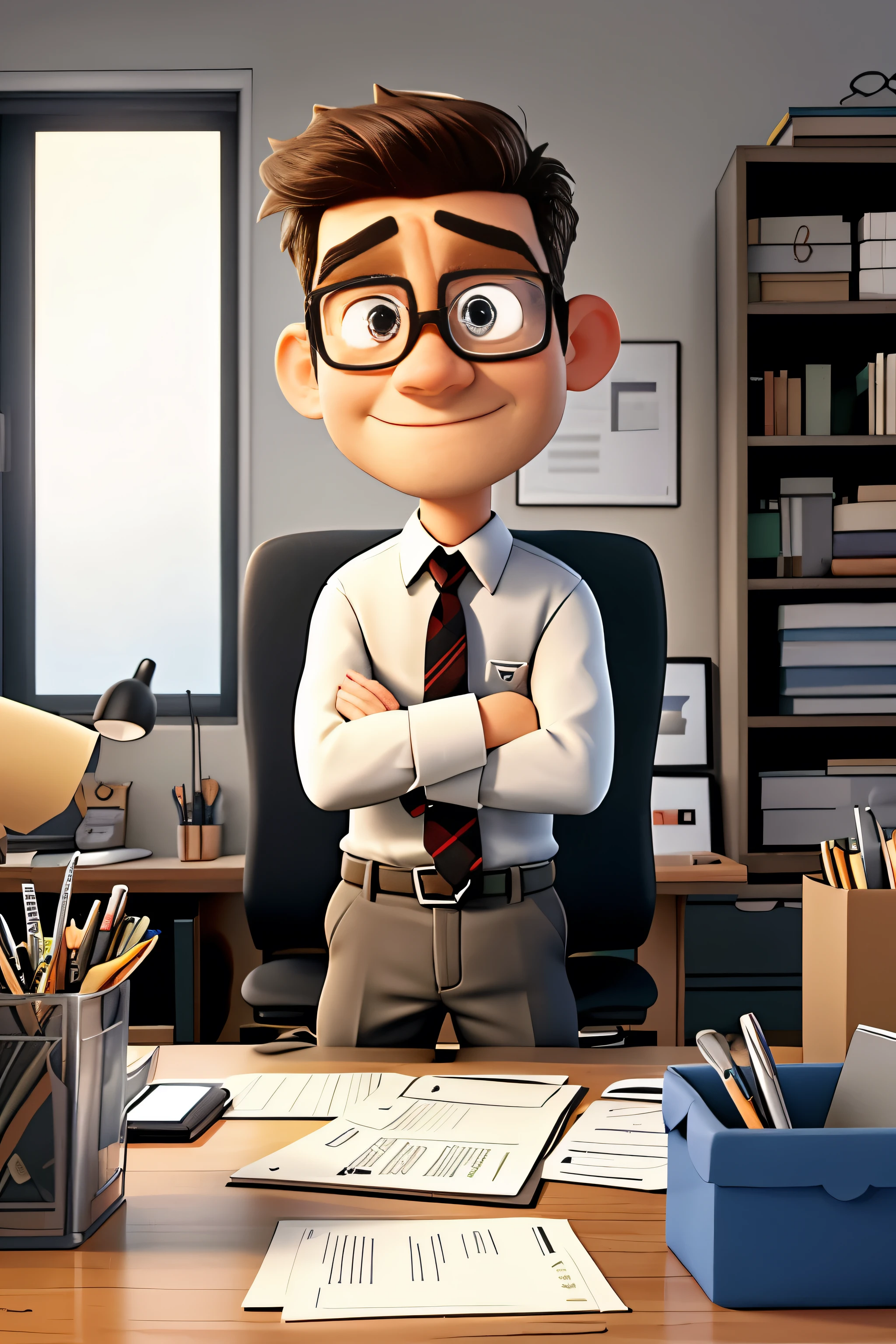 Create a scene that depicts an employee sitting at his desk, your face conveying a mixture of confusion, suru, or surprise. The table is full of papers or cardboard boxes, symbolizing the ongoing dismissal process. A manager or superior is present in the image, seen warning or explaining a situation to employees. Their expressions are filled with the weight of delivering such news in March 2024. To increase overall impact, include prominent elements, such as a packed cardboard box or a symbolic representation of a computer being turned off, signifying the heaviness and impending change. Use a color palette that reflects a serious atmosphere, opting for soft, muted tones to add a touch of tenderness amid challenging circumstances.