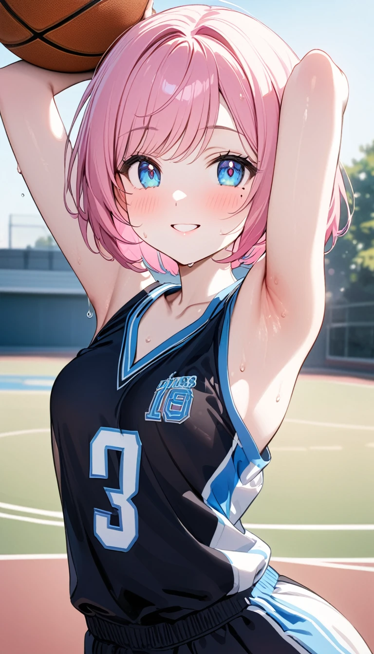 (1 girl),(Best Picture Quality, 8K, Masterpiece:1.3), (high school student:1.5), ((pink lob hair:1.1)), (bob cut),(swept bangs), (cute eyes, pupil black, iris skyblue, youthful face), (mole under right eye), (standard weight), (small breasts), (glistening skin:1.1),(pale skin:1.2),((showing armpits)),((basketball uniform)),(Smile),(sweat),