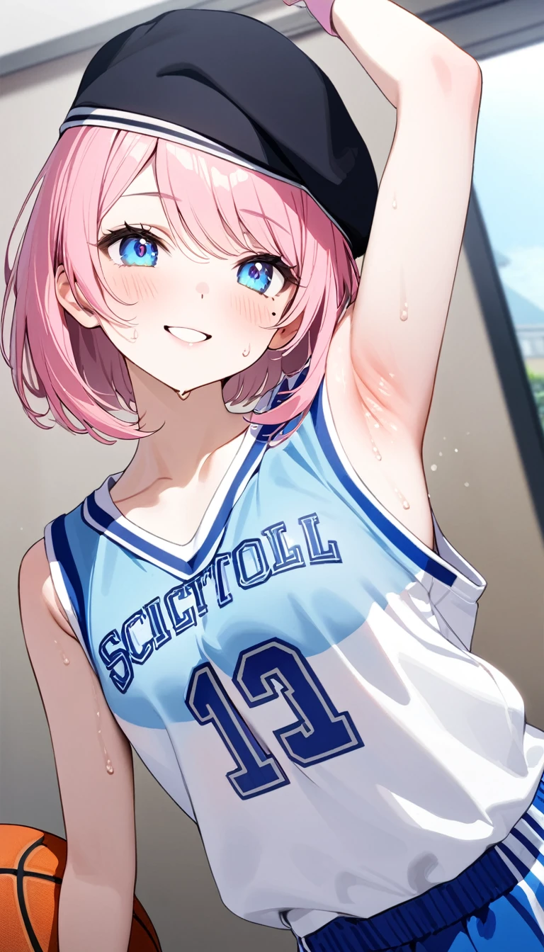 (1 girl),(Best Picture Quality, 8K, Masterpiece:1.3), (high school student:1.5), ((pink lob hair:1.1)), (bob cut),(swept bangs), (cute eyes, pupil black, iris skyblue, youthful face), (mole under right eye), (standard weight), (small breasts), (glistening skin:1.1),(pale skin:1.2),((showing armpits)),((basketball uniform)),(Smile),(sweat),