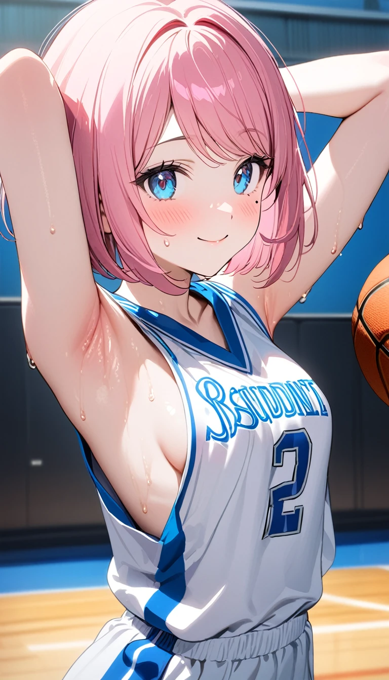 (1 girl),(Best Picture Quality, 8K, Masterpiece:1.3), (high school student:1.5), ((pink lob hair:1.1)), (bob cut),(swept bangs), (cute eyes, pupil black, iris skyblue, youthful face), (mole under right eye), (standard weight), (small breasts), (glistening skin:1.1),(pale skin:1.2),((showing armpits)),((basketball uniform)),(Smile),(sweat),