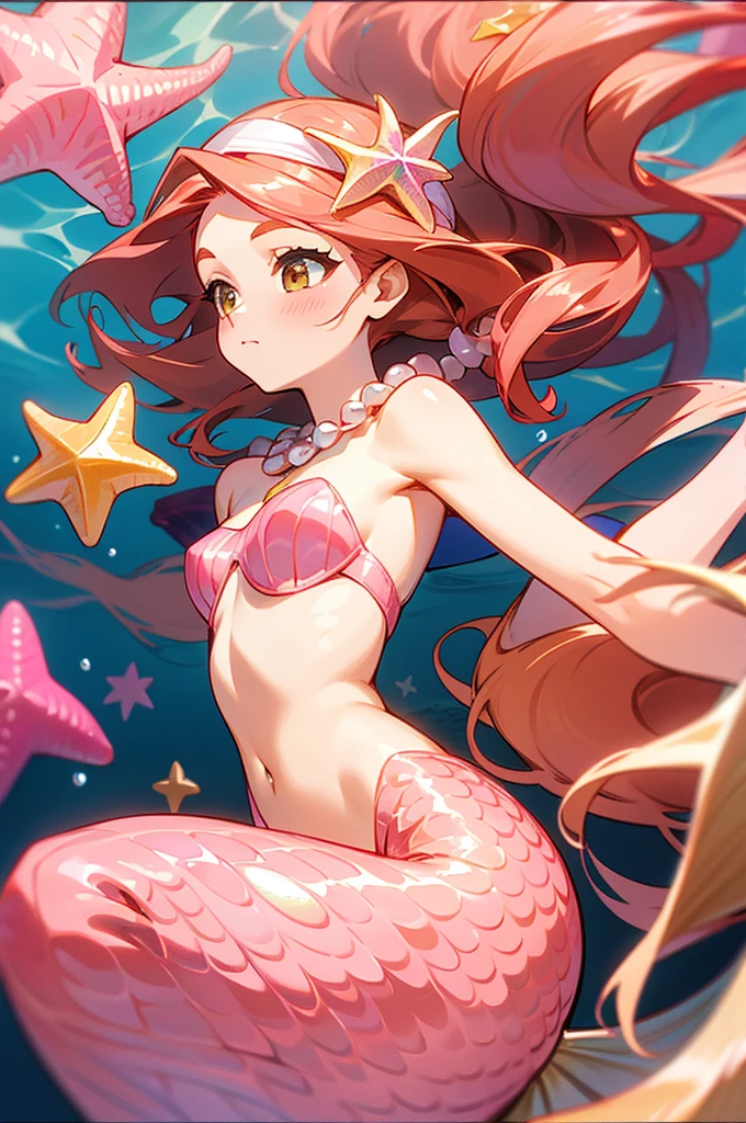 mermaid with pink tail, long caramel hair, caramel hair, brown eyes, wears a pink seashell decorated top, wears small seashell accessories and pearl beads decorating tail, wears a pink headband with seashells and starfish on it, caramel hair