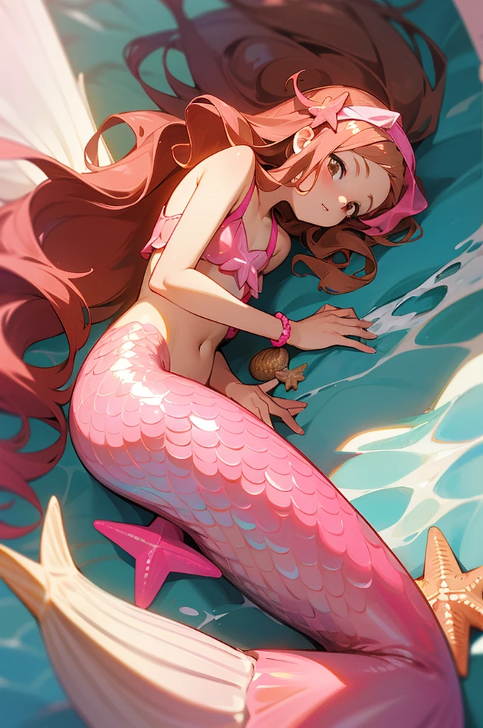 mermaid with pink tail, long caramel hair, caramel hair, brown eyes, wears a pink seashell decorated top, wears small seashell accessories and pearl beads decorating tail, wears a pink headband with seashells and starfish on it, caramel hair