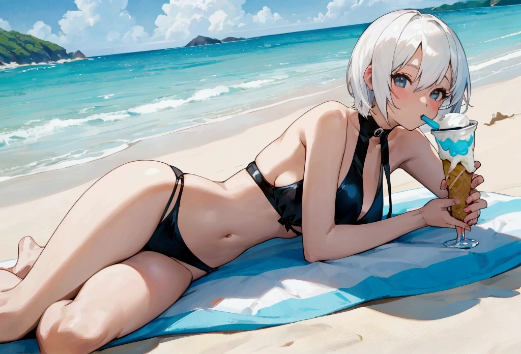 Anime girl with short white hair, wearing a sexy black mini bikini, laying down on a beach and eating an ice cream on a sunny summer day, photographed from a low camera angle, surrounded by a stunning landscape.