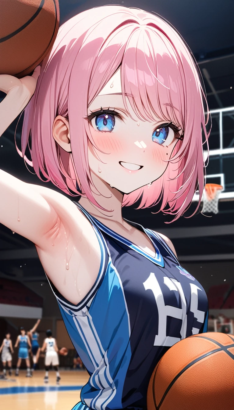 (1 girl),(Best Picture Quality, 8K, Masterpiece:1.3), (high school student:1.5), ((pink lob hair:1.1)), (bob cut),(swept bangs), (cute eyes, pupil black, iris skyblue, youthful face), (mole under right eye), (standard weight), (small breasts), (glistening skin:1.1),(pale skin:1.2),((showing armpits)),((basketball uniform)),(Smile),(sweat),