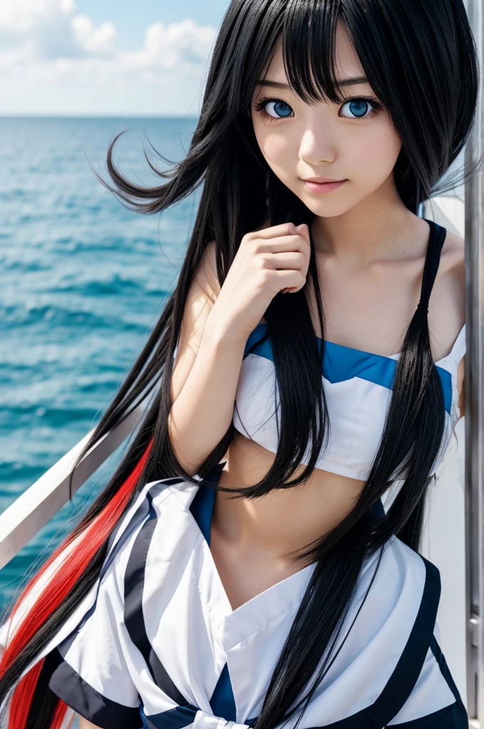Japanese anime girl My Hero Academia Long hair, straight and black with a white lock on the left side light blue eyes water