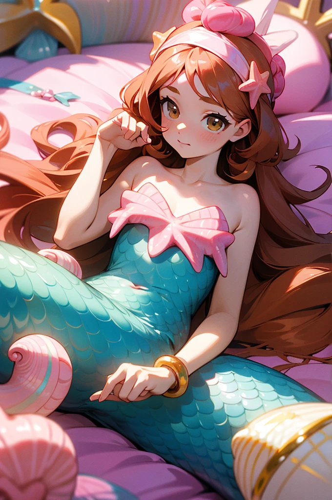 mermaid with pink tail, long caramel hair, caramel hair, brown eyes, wears a pink seashell decorated top, wears small seashell accessories and pearl beads decorating tail, wears a pink headband with seashells and starfish on it, caramel hair