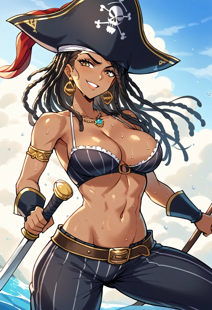 (masterpiece), best quality, expressive eyes, perfect face, perfect eyes, perfect hair, perfect body, perfect hands, perfect fingers, high detail, best detail, pirate, cavalier pirate hat, pirate leathers, sheathed sword, cocky smile, confident, dominant, powerful, pirate raid, raiding ship, fighting, background chaos, dark skin, beautiful brown skin, beautiful dreadlocks, Adult Female, sweat, toned body, alone