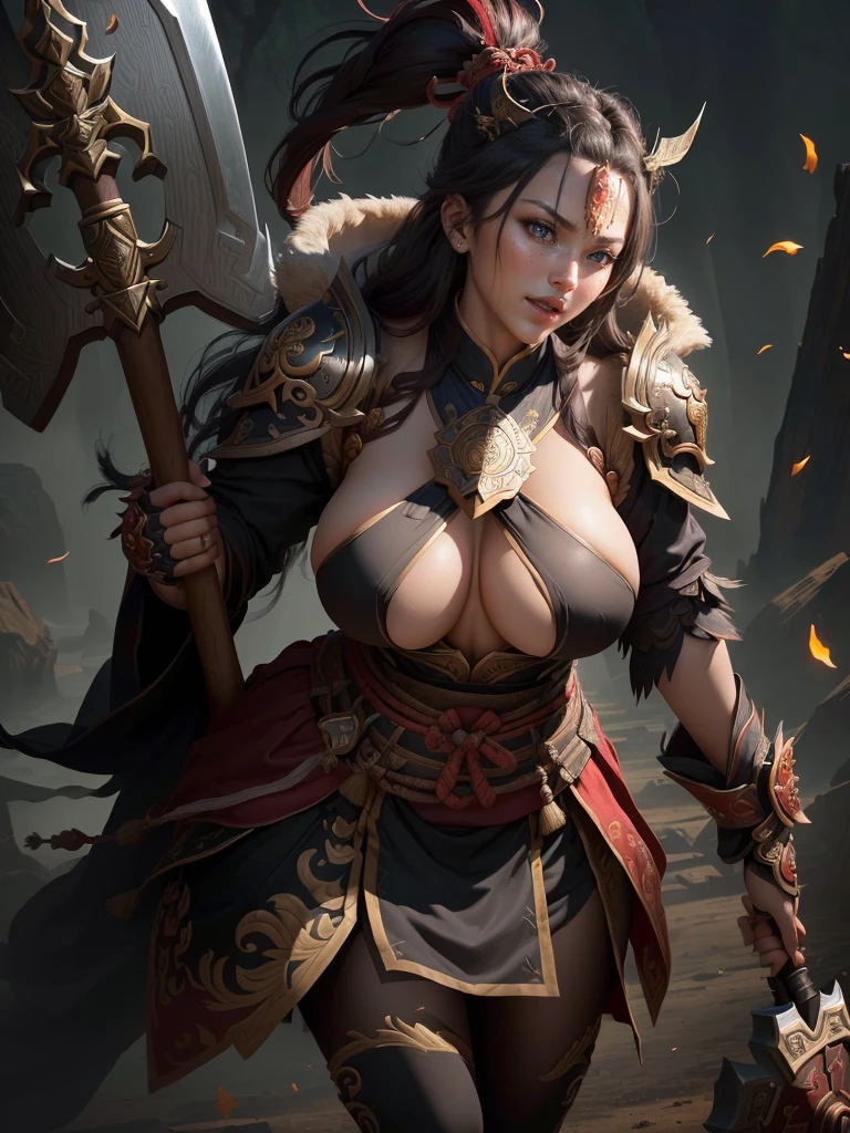 a woman with a large axe and a feathered head, inspired by Hu Zaobin, berserker potrait, guan yu, bian lian, sun wukong, mongol, inspired by Huang Shen, inspired by Li Gonglin, tai warlord, inspired by Wu Bin, wukong, inspired by Li Kan, naranbaatar ganbold, Highly detailed CG unit 8k wallpaper, masterpiece, High resolution, highest quality, highest quality real texture skin, Super Real, Digital Painting, Best image quality, 最High resolution, 8k, ((Highly detailed eyes and face, Beautiful eyes every detail)), 1girl, Full Body Shot, Saggy breasts, Gravity-dependent breasts, long chest, Heavy chest, disproportionate breasts, huge breasts, sagging breasts, gigantic breasts, erect nipple, Cleavage cut out, Look away, Gazing into the distance, ((open your mouth wide, stick out tongue, ahegao)), (evil smile, madness, 遠くをにらむ, 遠くを見つめる),