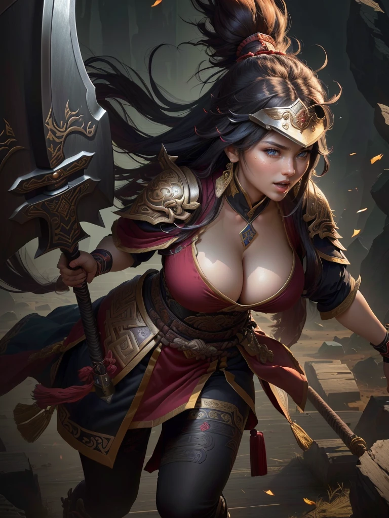 a woman with a large axe and a feathered head, inspired by Hu Zaobin, berserker potrait, guan yu, bian lian, sun wukong, mongol, inspired by Huang Shen, inspired by Li Gonglin, tai warlord, inspired by Wu Bin, wukong, inspired by Li Kan, naranbaatar ganbold, Highly detailed CG unit 8k wallpaper, masterpiece, High resolution, highest quality, highest quality real texture skin, Super Real, Digital Painting, Best image quality, 最High resolution, 8k, ((Highly detailed eyes and face, Beautiful eyes every detail)), 1girl, Full Body Shot, Saggy breasts, Gravity-dependent breasts, long chest, Heavy chest, disproportionate breasts, huge breasts, sagging breasts, gigantic breasts, erect nipple, Cleavage cut out, Look away, Gazing into the distance, ((open your mouth wide, stick out tongue, ahegao)), (evil smile, madness, 遠くをにらむ, 遠くを見つめる),