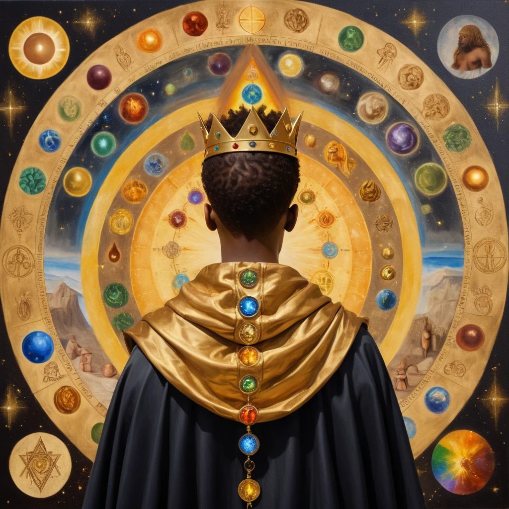 black boy with his back, shorth hair (scrached), with a crown on his head and a cedar, with a golden cloak with the 7 chakras, luxurious setting, and with art and beautiful elements. He looks and beholds the cosmic golden celestial realms, fremason, with astrology elements, renaissance painting, oil painting inspired by leonardo da vinci. 