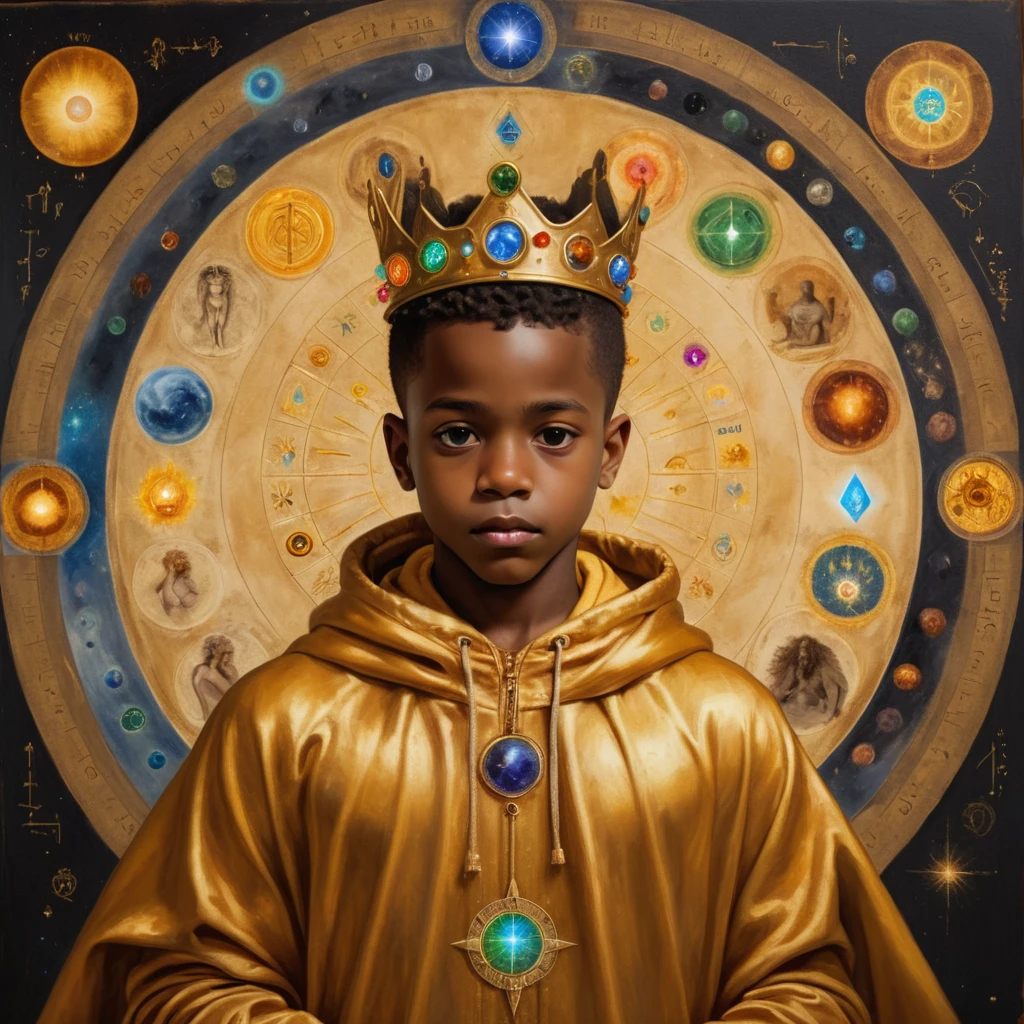 black boy with his back, shorth hair (scrached), with a crown on his head and a cedar, with a golden cloak with the 7 chakras, luxurious setting, and with art and beautiful elements. He looks and beholds the cosmic golden celestial realms, fremason, with astrology elements, renaissance painting, oil painting inspired by leonardo da vinci. 