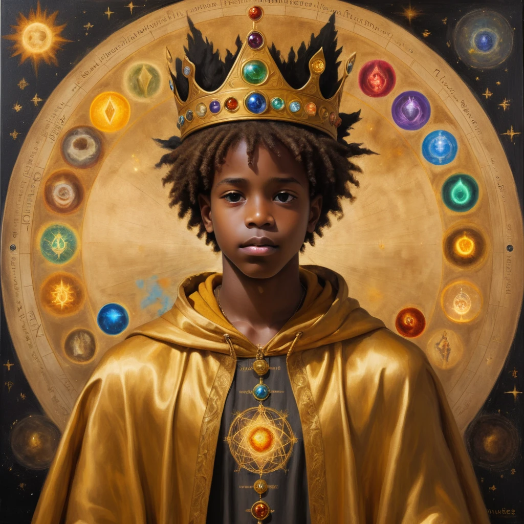 black boy with his back, shorth hair (scrached), with a crown on his head and a cedar, with a golden cloak with the 7 chakras, luxurious setting, and with art and beautiful elements. He looks and beholds the cosmic golden celestial realms, fremason, with astrology elements, renaissance painting, oil painting inspired by leonardo da vinci. 