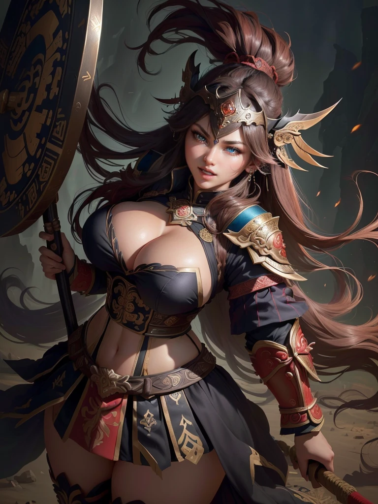a woman with a large axe and a feathered head, inspired by Hu Zaobin, berserker potrait, guan yu, bian lian, sun wukong, mongol, inspired by Huang Shen, inspired by Li Gonglin, tai warlord, inspired by Wu Bin, wukong, inspired by Li Kan, naranbaatar ganbold, Highly detailed CG unit 8k wallpaper, masterpiece, High resolution, highest quality, highest quality real texture skin, Super Real, Digital Painting, Best image quality, 最High resolution, 8k, ((Highly detailed eyes and face, Beautiful eyes every detail)), 1girl, Full Body Shot, Saggy breasts, Gravity-dependent breasts, long chest, Heavy chest, disproportionate breasts, huge breasts, sagging breasts, gigantic breasts, erect nipple, Cleavage cut out, Look away, Gazing into the distance, ((open your mouth wide, stick out tongue, ahegao)), (evil smile, madness, 遠くをにらむ, 遠くを見つめる),