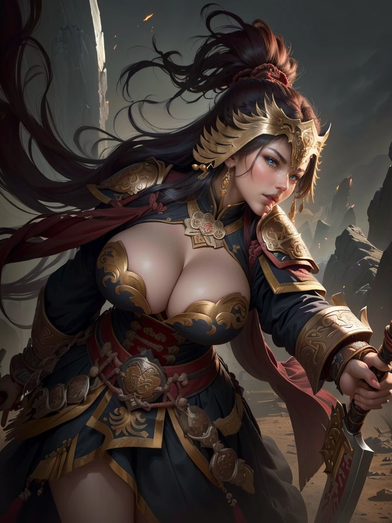 a woman with a large axe and a feathered head, inspired by Hu Zaobin, berserker potrait, guan yu, bian lian, sun wukong, mongol, inspired by Huang Shen, inspired by Li Gonglin, tai warlord, inspired by Wu Bin, wukong, inspired by Li Kan, naranbaatar ganbold, Highly detailed CG unit 8k wallpaper, masterpiece, High resolution, highest quality, highest quality real texture skin, Super Real, Digital Painting, Best image quality, 最High resolution, 8k, ((Highly detailed eyes and face, Beautiful eyes every detail)), 1girl, Full Body Shot, Saggy breasts, Gravity-dependent breasts, long chest, Heavy chest, disproportionate breasts, huge breasts, sagging breasts, gigantic breasts, erect nipple, Cleavage cut out, Look away, Gazing into the distance, ((open your mouth wide, stick out tongue, ahegao)), (evil smile, madness, 遠くをにらむ, 遠くを見つめる),