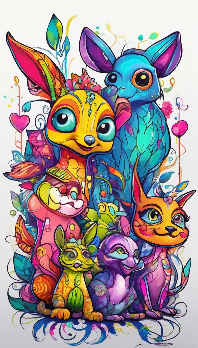 Anthropomorphic animal characters, Detailed marker outline, cute, Art Brut Style, Dynamic pose, whimsical expression, Bright and vibrant colors, Dynamic Lighting, Digital Painting, masterpiece, (Highest quality,4K,8k,High resolution,masterpiece:1.2),Very detailed,(Realistic,photoRealistic,photo-Realistic:1.37)