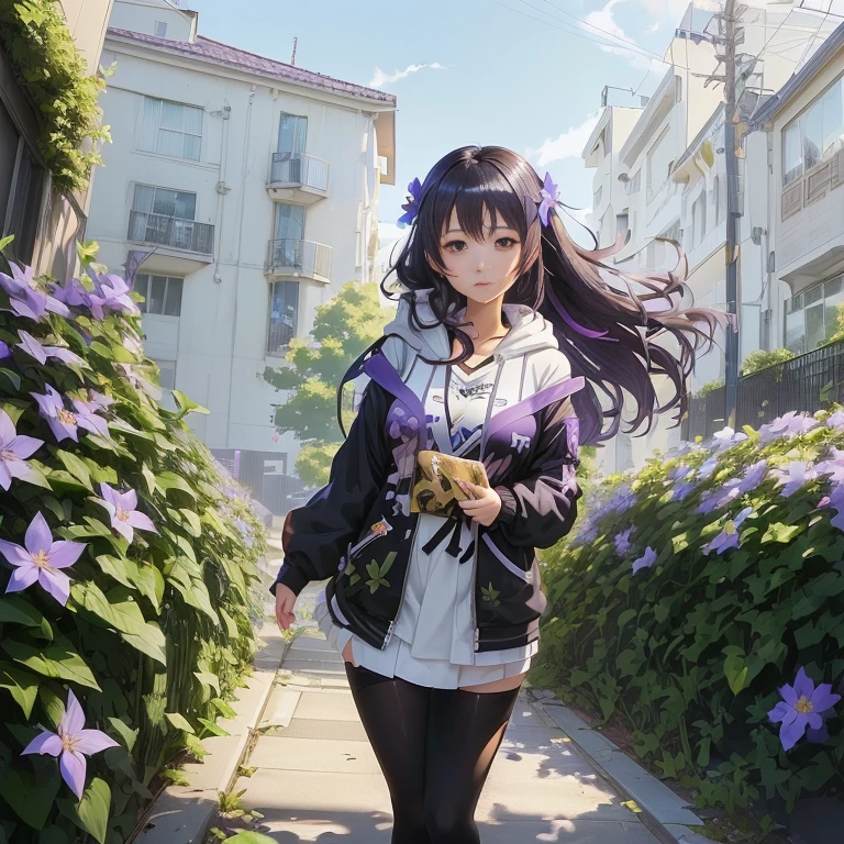 anime girl walking down a sidewalk with purple flowers in her hair, anime style 4 k, girls frontline cg, girls frontline style, smooth anime cg art, anime visual of a cute girl, beautiful anime high school girl, attractive anime girl, beautiful anime girl, girls frontline universe, beautiful anime, black haired girl wearing hoodie, young anime girl, anime moe artstyle