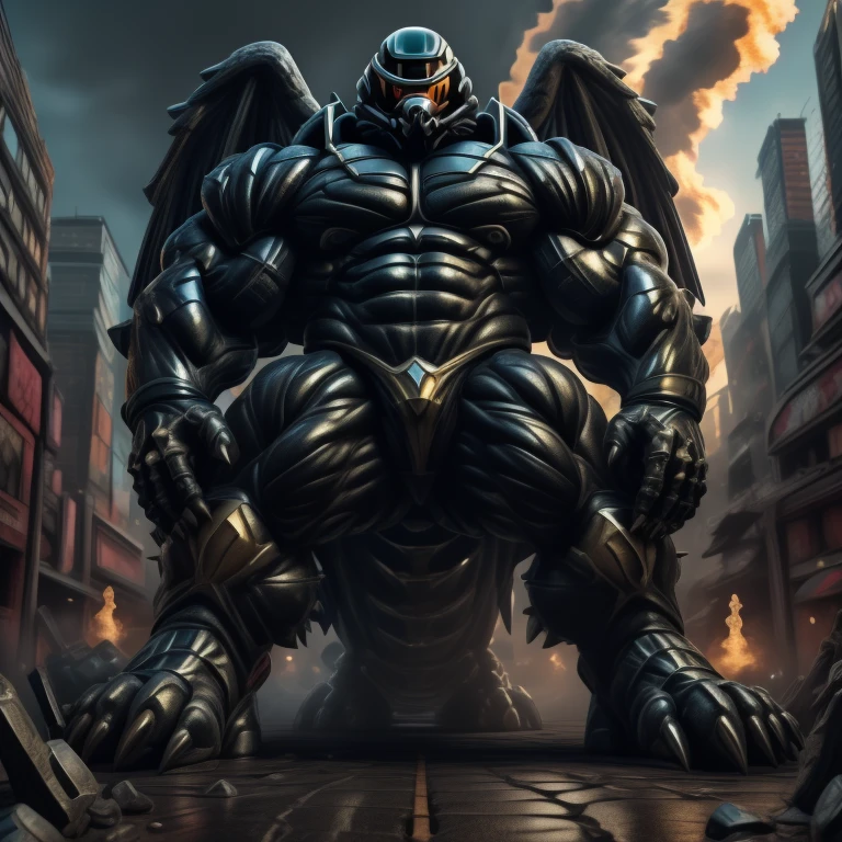 (masterpiece. official art. 8k. best quality. detailed full body. full body.)
(situation 1 : dominating mega lucario. focus GIANT mechanical Muscular mega lucario is trampling the CITY. macro. stomp. Low-angle perspective. emphasizing the immense size. The perspective is from below, emphasizing the sheer majesty and power of the Giant. giant art. He is much bigger than a skyscraper. Giga Giants. micro soccer field. looking down.)

(situation 2 :smoke and flames rising from the destruction in the city)

(Additional details 1: wearing a full-face helmet. helmet is jet black. The color of NANOSUIT is jet black. high-tech bio-mecha armor. real texture material. whole body shines like metal. Wearing cyberpunk mecha. emphasizes the muscles. suit fully made of metal. intricate armor. Robotic suit. suit fully made of metal. no face.). (mega lucario has 5 toes.) Wearing a Full Face Toxic Gas Mask. no blue.
An arrogant expression.
smile at the corner of your mouth.

(Additional details 2: (Detailed head. Detailed Body. Detailed abs. gigantic muscles. HYPER MUSCLES. Gigachad Muscular. big muscle. pecs. triceps. traps. unusually developed muscular body. body full of huge muscles. showing off muscles. pectorales enormes. Exaggeratedly huge muscles. huge muscles. long legs.).

(Additional details 3: nj5furry, Spread wings. It has wings. black have big wings. The claws are sharp. Sharp teeth.5 toes.).  Wearing a Full Face Toxic Gas Mask. 