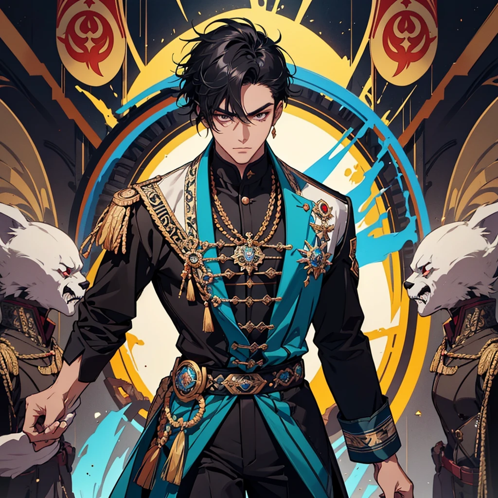 Create a muscular swordsman boy, attractive, black hair with somewhat dark skin, a military suit with bright and colorful colors inspired by pre-Hispanic clothing and circular lenses. All in a style as if it were a genshin impact character 