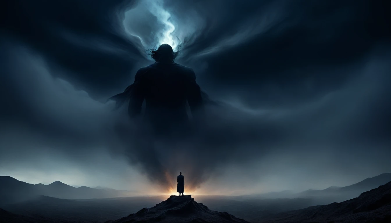The art should be digital and contain surreal elements. In the center of the image, place a person looking at the horizon ,a dark smoke energy comes out of his body,dark image, feelings of déjà vu,,past lives sensation in soul xilogravura style,dark images,spiritual feeling looking to spiritual universe,dark style