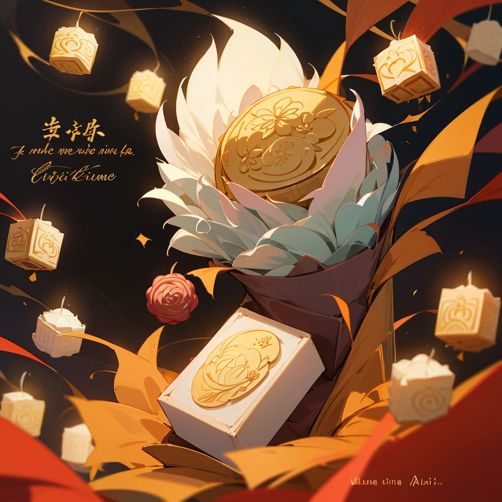 Mooncake with inscription "eRUBIK," Fête de la mi-automne au Vietnam, J&#39;ai passé un bon moment avec les enfants，bright moon，best quality，3D Modeling Rendering，Style C4D，plan large，8k，