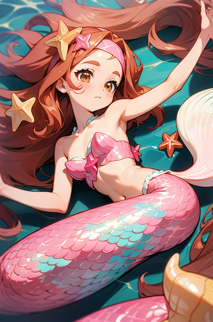 mermaid with pink tail, long caramel hair, caramel hair, brown eyes, wears a pink seashell decorated top, wears small seashell accessories and pearl beads decorating tail, wears a pink headband with seashells and starfish on it, caramel hair, light brown hair 