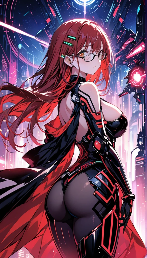 highest quality ,masterpiece, shape, Very delicate and beautiful, Very detailed ,CG ,Unity ,8k wallpaper, wonderful, finely, masterpiece,highest quality,Official Art,Very detailed CG Unity 8k wallpaper,Confused, incredibly Confused, Very detailed, High resolution, Very detailed,Beautiful detailed girl,The light shines on your face, 1 girl, red and black Mecha, armor wizard red, Mechanical_body, long red Hair, Spaceship, city, cyber punk, red star, sexy eyes, big tits, glasses, back cape, big ass