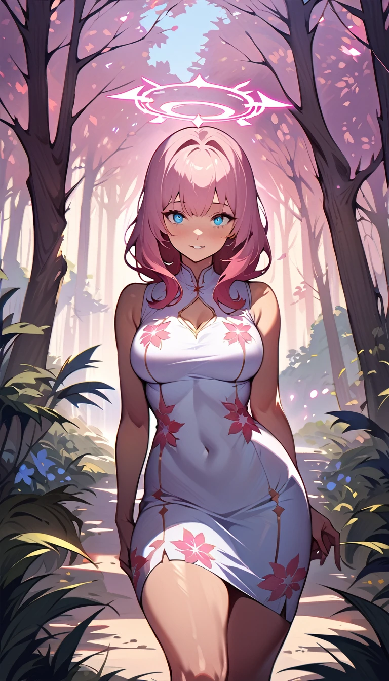 (high quality, 8k, 4K, high contrast, artwork:1.2, high quality, best aesthetics), (centered), ((1 woman)), erotic, sensual, sexy woman, mature body, super detailed, beautiful face detailed, beautiful eyes detailed, detailed beautiful mouth, perfect breats, perfect wide thighs, (light pink hair, long light pink hair, wavy light pink hair), (blue eyes), (long white dress with printed pink sakuras), (pink angel halo), (calm expression), (standing), (looking at the viewer), (front view), (in the middle of a beautiful forest), (beautiful country house in the background)