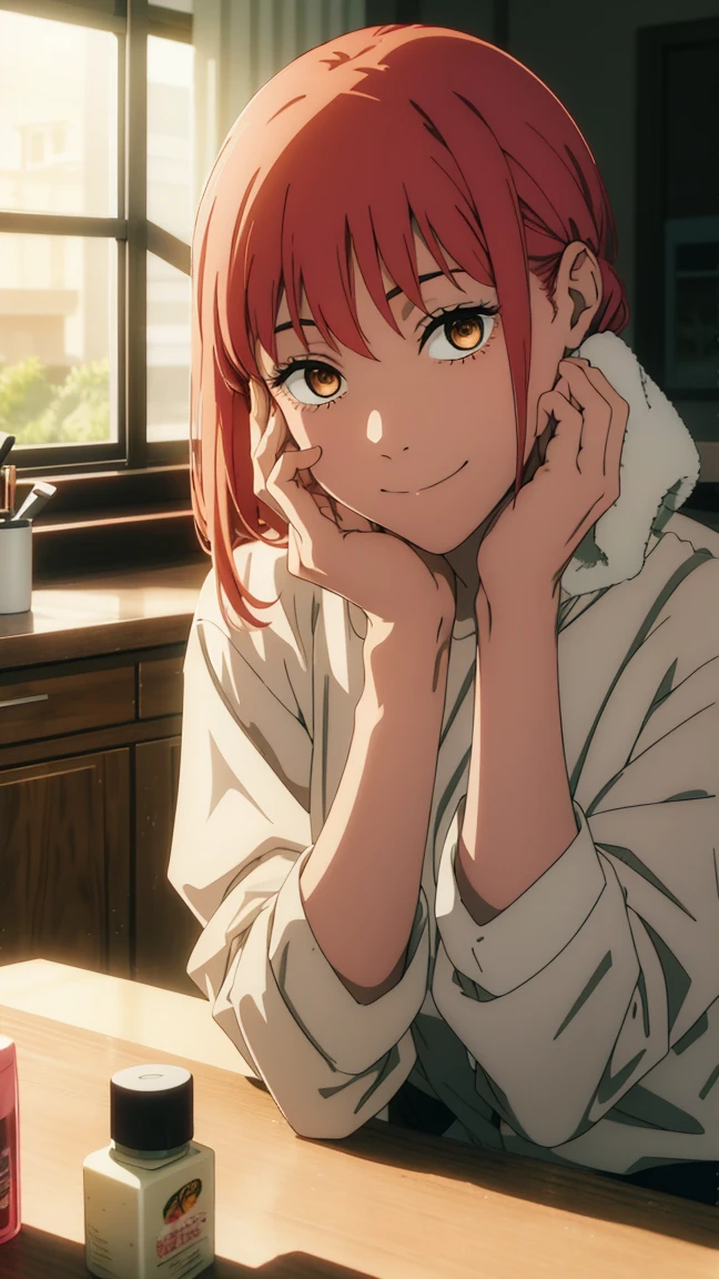 Makima doing her skincare , sitting on a table , table full of products , towel on her hair , towel around body , smiling , massaging her face , fingers massaging with fingers on cheeks