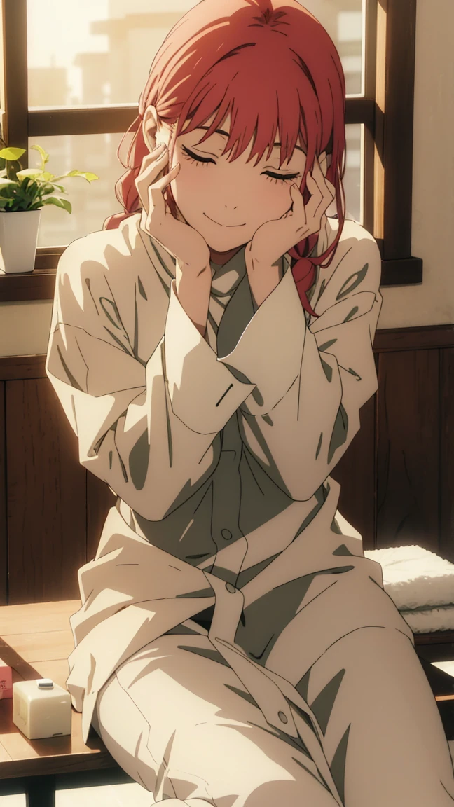 Makima doing her skincare , sitting on a table , table full of products , towel on her hair , towel around body , smiling , massaging her face , fingers massaging with fingers on cheeks
