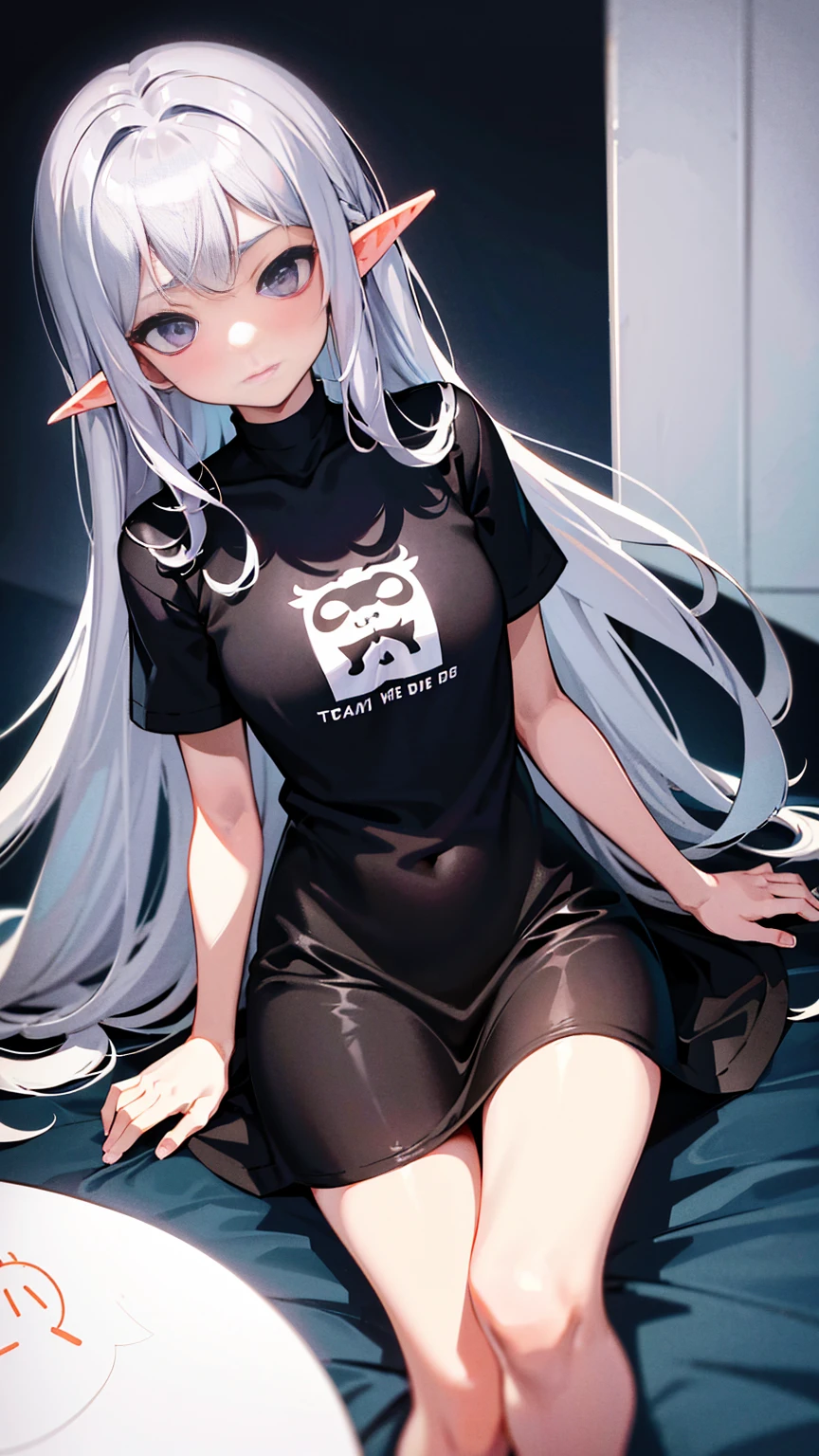 Elf Girl、8-year-old、Medium-long silver hair、Silver Eyes、Just a big black T-shirt、Short sleeves、Other than that, I don't wear anything else、She's not even wearing bottoms、No underwear on、barefoot、Seductive expression、whole body、Standing posture