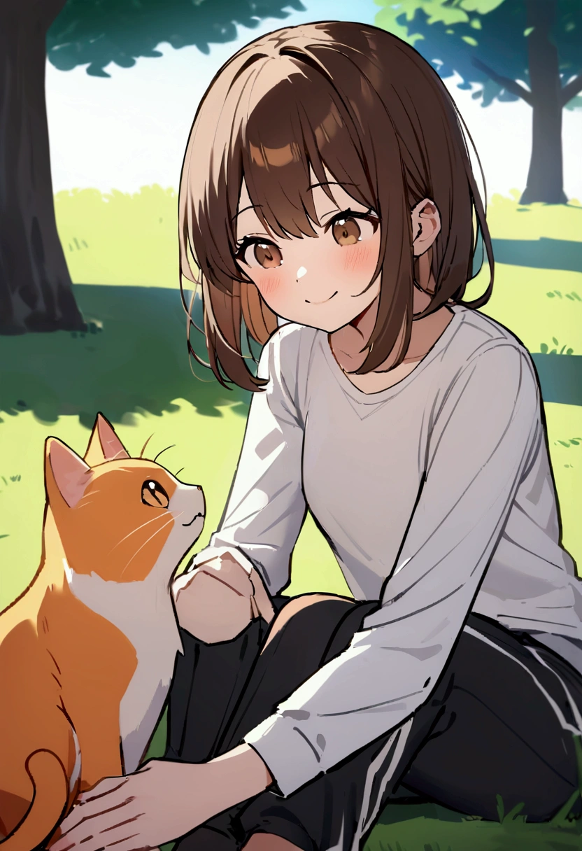 drawing of a girl with long dark brown hair, light brown eyes, with a smiling expression on his face, wearing a white shirt and black sweatpants, sitting on the grass floor on her legs, she has an orange cat and the girl is petting a medium-sized white dog with an orange spot on its face., at the bottom of a park