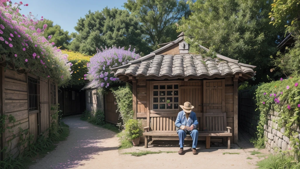 /imagine A wise old man sitting on a wooden bench in a small village, surrounded by colorful flowers. He holds a bucket with a small hole in it, and around you there is a path with flowers growing on one side, symbolizing beauty in imperfections. The atmosphere is serene and inspiring, with a clear blue sky and soft sunlight.