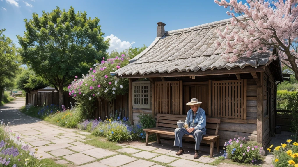 /imagine A wise old man sitting on a wooden bench in a small village, surrounded by colorful flowers. He holds a bucket with a small hole in it, and around you there is a path with flowers growing on one side, symbolizing beauty in imperfections. The atmosphere is serene and inspiring, with a clear blue sky and soft sunlight.