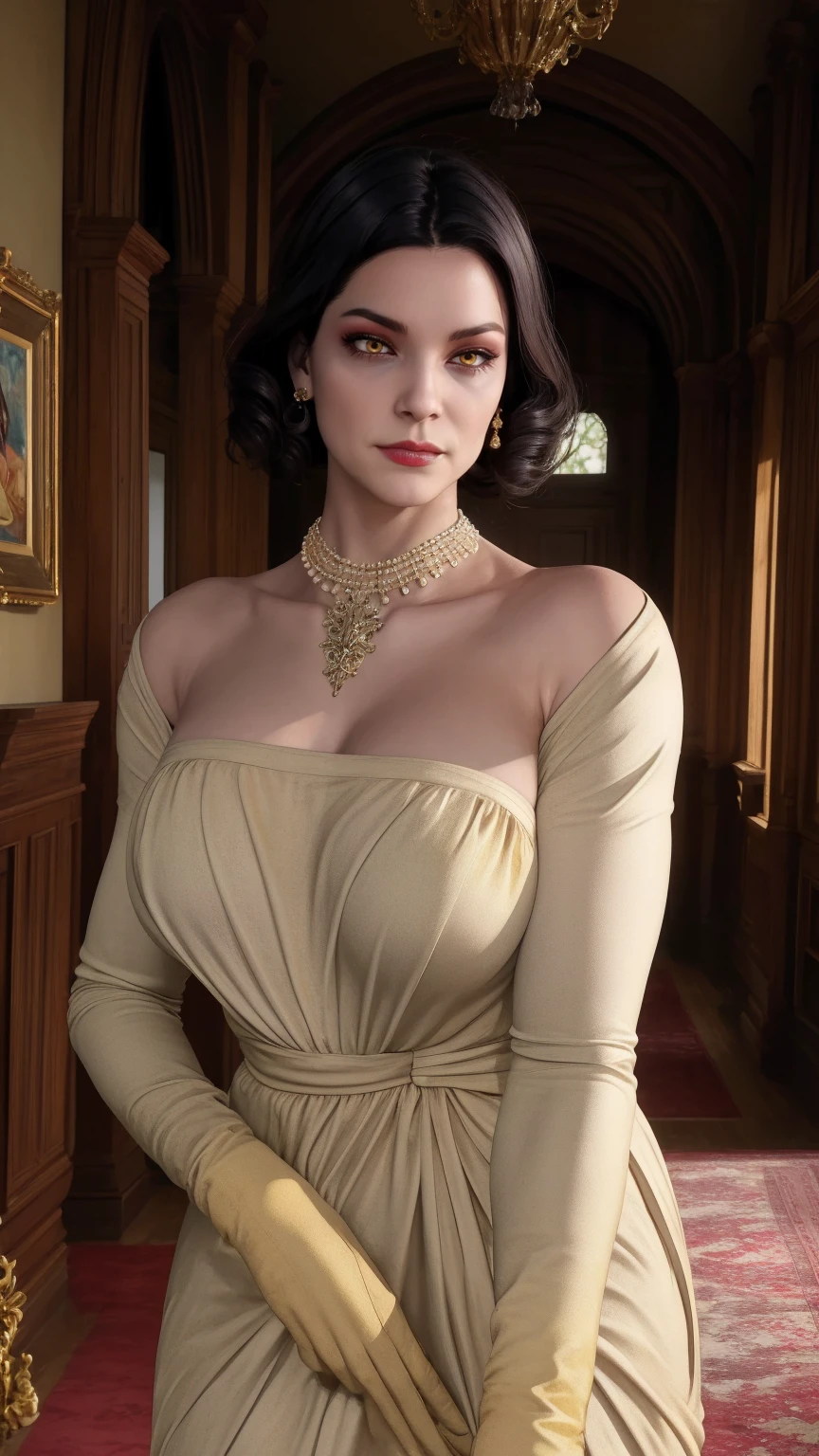 Alcina,yellow  eyes,Bblack hair,shorth hair,
white dress with flower,ha,single earring,neckleace,necklase,black gloves,
trunk,brooch,
gazing at viewer,ssmile,
castle,Inside the house,natta,
(incredibily detailed, beautifull detailed face, beautiful detailed eyes, work of art, best qualityer),standing alone,