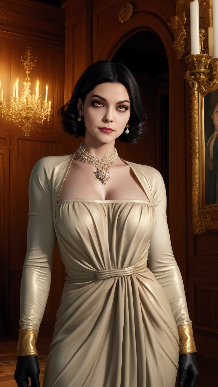 Alcina,yellow  eyes,Bblack hair,shorth hair,
white dress with flower,ha,single earring,neckleace,necklase,black gloves,
trunk,brooch,
gazing at viewer,ssmile,
castle,Inside the house,natta,
(incredibily detailed, beautifull detailed face, beautiful detailed eyes, work of art, best qualityer),standing alone,