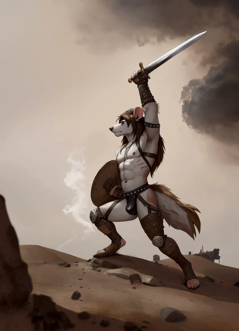 Solo Sexy young anthro furry rat male mercenary medieval solider, slim slim muscular, anthro handsome gay shorter muzzle, handsome gay model male apperance, sword scars, worn out leather skimpy armament, low on hips heavy leather belt, old very worn out skimpy dirty linen material jockstrap, old yellow dirty worn out stains on white sawn jockstrap, very visible "x" brown seam pattern on the jockstrap, studded skimpy armlets breastplate armor, skimpy breastplate, leather bondages, fingerless leather gloves, smelly unwashed furr, dirty body look, desert battlefield, standing in sexy fighting position, close view of full character