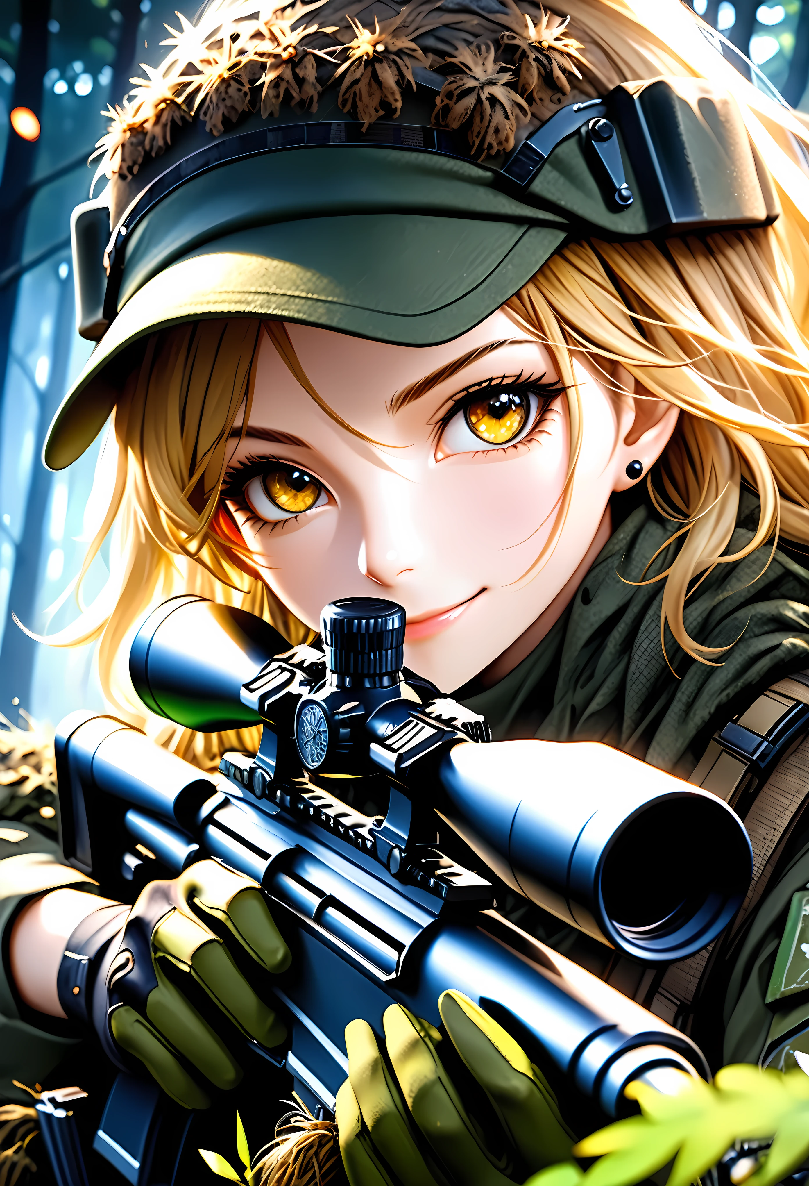 (Masterpiece in maximum 16K resolution:1.6), (intricate detail:1.4), (extremely insane detail:1.4),(highest quality:1.3),(Hyper_realistic:1.3). | ((Dark_color_tones):1.3),((a close up of female sniper soldier, aiming a sniper rifle, detailed face, piercing eyes, determined expression):1.3),((sniper ghillie suit, sniper gear, rugged landscape background, dramatic lighting, cinematic composition):1.1), ((wide angle shot):1.2), Clear light, Edge lighting, Perfect image, 16k UE5,editorial painting, superfine, Depth of field, Ultra-realistic, no contrast, clean sharp focus, professional painting, No blurring. | (watercolor painting, dark color, sharp focus), ((Pretty Supermodel beauty):1.2), ((Blonde Hair):1.1), ((Sniper ghillie suit):1.5), ((fancy military hand gloves):1.3), kinetic expression, style painting magic. | ((She is smiling with evil intention):1.3),((perfect_pose):1.5), ((perfect_fingers, better_hands, perfect_hands, perfect_legs):0.7), (((More_Detail))). | Rendered in ultra-high definition with UHD and retina quality, this masterpiece ensures anatomical correctness and textured skin with super detail. With a focus on high quality and accuracy, this award-winning portrayal captures every nuance in stunning 16k resolution, immersing viewers in its lifelike depiction. Avoid extreme angles or exaggerated expressions to maintain realism. ((perfect_composition, perfect_design, perfect_layout, perfect_detail, ultra_detailed)), ((enhance_all, fix_everything)), More Detail, Enhance.