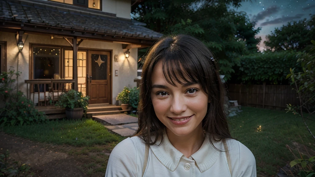 On a beautiful night, under the soft glow of the stars, a 45 year old woman is smiling in front of a small rural house. She exudes a peaceful joy, your smile reflecting the peace of the surrounding environment. At home, simple and cozy, is surrounded by lush vegetation, creating a serene and welcoming scene. the night sky, dotted with stars, adds a magical touch to the scene, making the moment even more special. 8K ultra realistic portrait.