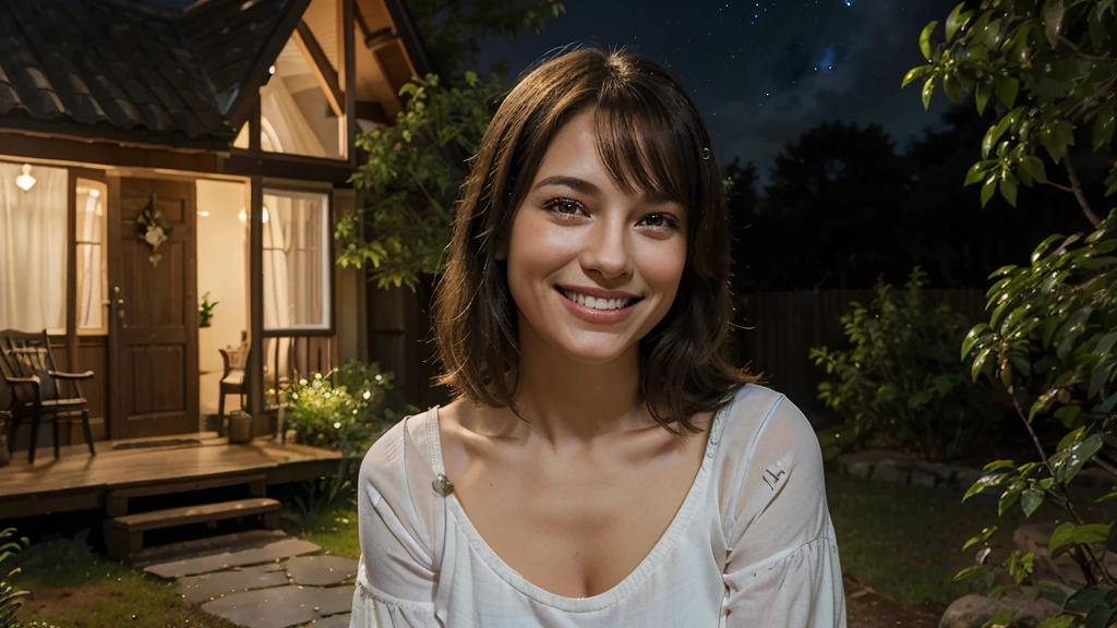 In the night, a beautiful woman under the soft glow of the stars, a 45-year-old woman smiles in front of a small rural house. She exudes a peaceful joy, her smile reflecting the peace of the environment around her. The house, simple and cozy, is surrounded by lush vegetation, creating a serene and welcoming setting. The night sky, dotted with stars, adds a magical touch to the scene, making the moment even more special. 8K ultra-realistic portrait.