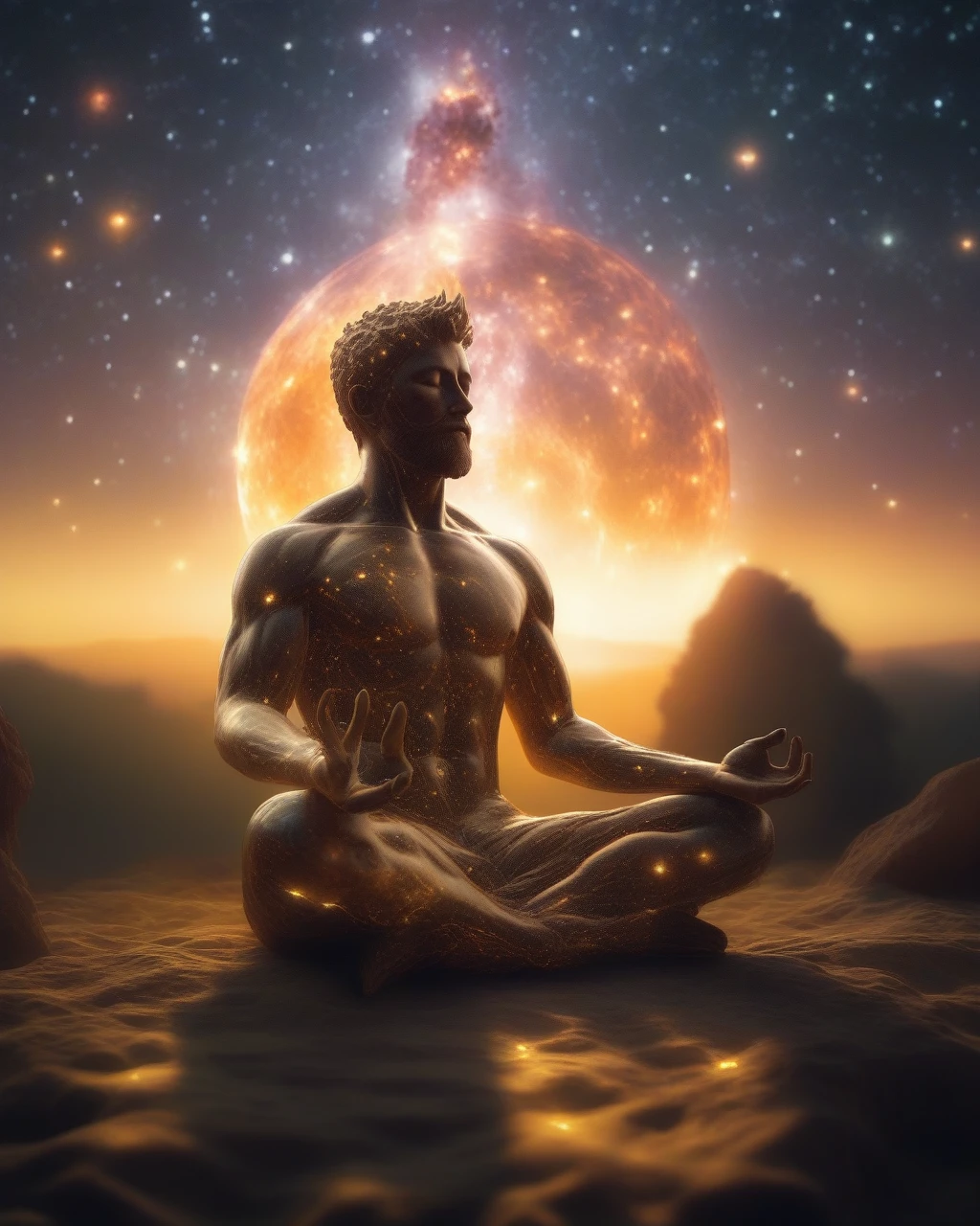 male fire elemental,  
full body visible, front view photo,
totally incandescent body,
(eyes open:1.2), greeneyes, sorriso ingenuo, face all iridescent.
Short brown hair, short beard, hairy chest, sitting in a yoga pose, sukhasana, brooding pose, meditation pose, padmasana, lotus pose, meditative sacral pose, yoga meditation pose, stoic pose, brooding, sitting cross-legged, sitting dynamic pose, brooding in lotus position, relaxed posture, sitting pose. Starry night sky background
 