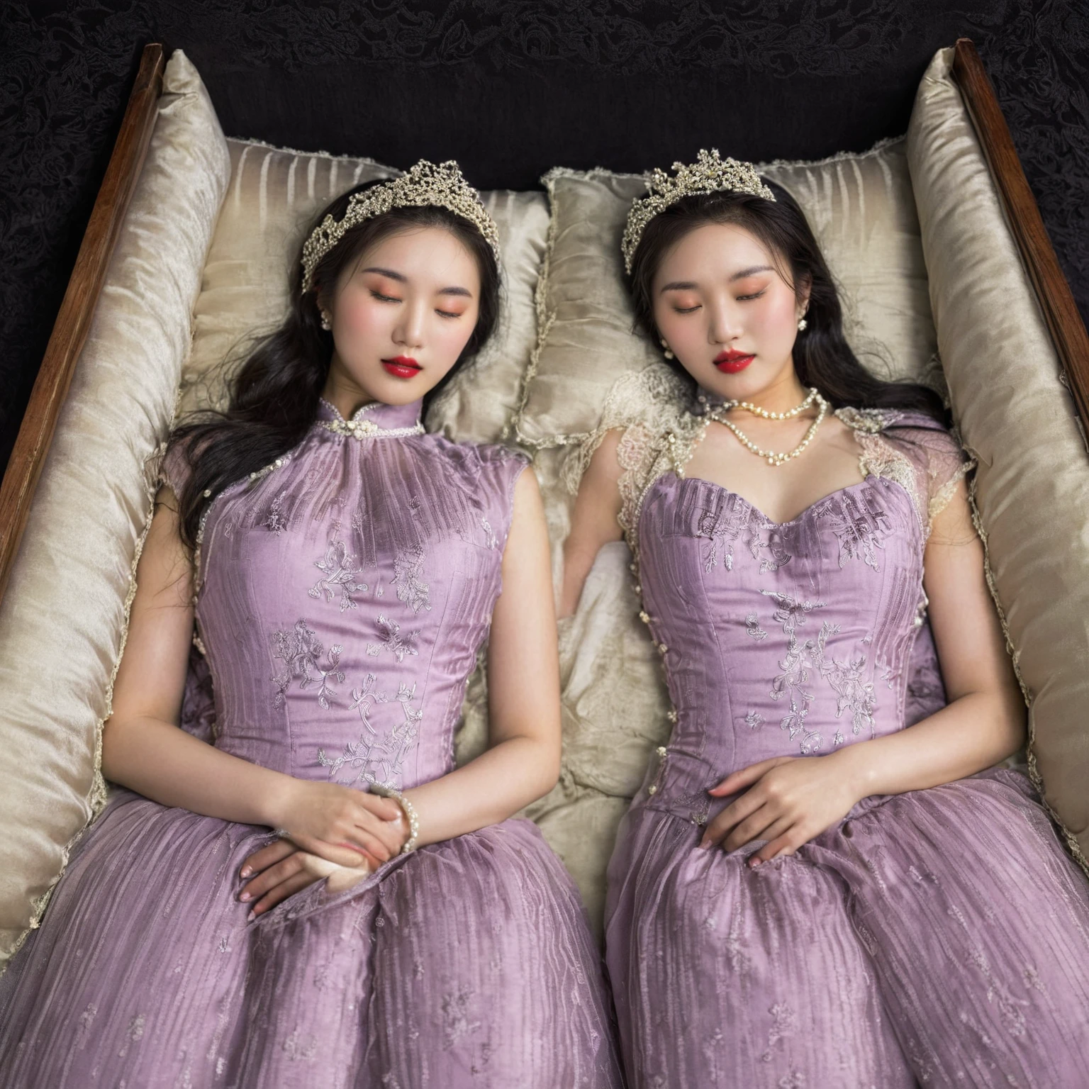 A provocative and sensual image unfolds before us. Two Korean girls, 22 years old, lie asleep in a deep, black coffin surrounded by plush pillows. They wear see-through wedding dresses with lace details, off-shoulder designs, sleeve and huge skirts that cascade around their bodies. The dresses are cut low to showcase their beautiful breasts, fixed with a subtle cleavage cutout. Their faces are flawless, with perfect eyebrows, eyelashes, and skin tone. One girl's hair is styled in a ponytail with bangs framing her face, while the other has a bun adorned with wisps of hair framing her closed eyes. The overall atmosphere is one of intimacy and sensuality, with saturated colors enhancing the mood. Note the visible breasts and perfectly manicured hands that peek out from beneath the skirts, which are strategically covered to conceal their legs, ba11g0wn 