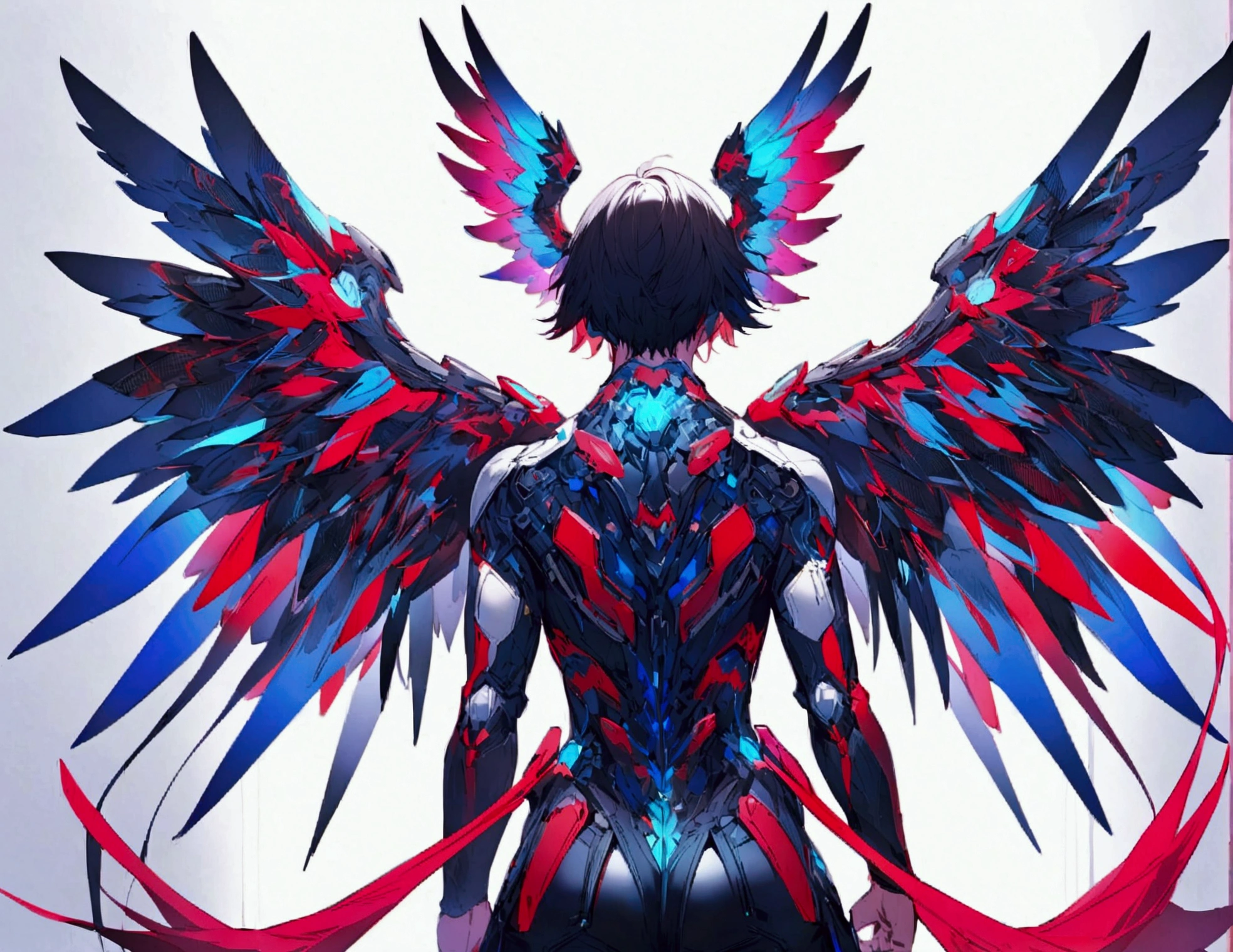 A man with futuristic technology, with 2 wings on each side of its back, the left wings are blue with black tips and the right wings are red with black tips