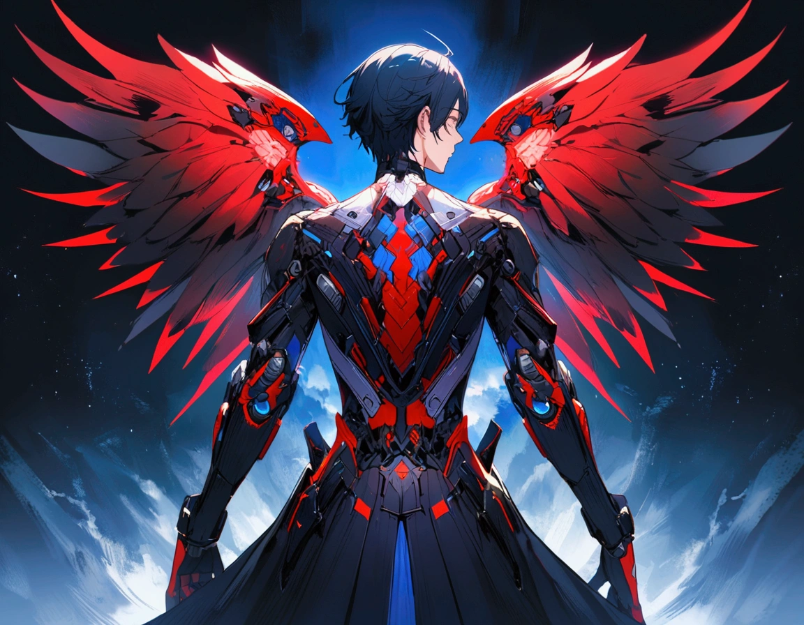 A man with futuristic technology, with 2 wings on each side of its back, the left wings are blue with black tips and the right wings are red with black tips