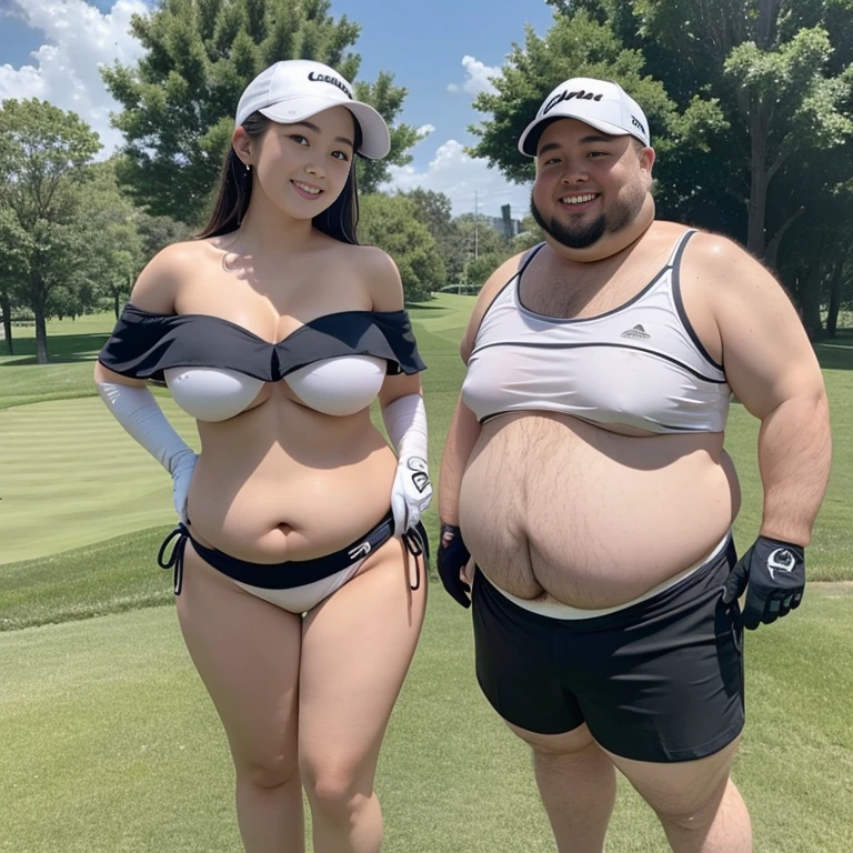 (((Actual Photos,High resolution, 8kHighest quality))),Very detailedな CG Unity 8k 壁紙, Highest quality, Very detailed, Tabletop, Realistic, (((、Primary school students、Beautiful Girl Junior Idol、She is pictured with her father, a fat man.:1.5))))、((Huge breasts:1.5))Big cleavage ,Big Ass,Big Ass,Thick thighs,Saggy breasts,Tight waist,Wide Hips,(((Off-the-shoulder bikini top:1.2)))、 (golf mini skirt) , (Wearing golf gloves),Wear a sun visor, Beautiful Eyes, ((The shape of the nipples is visible even through clothing))、Realistic female hands、audience, blush,A light smile, Lips parted, Full Body Shot, American flag pattern tight golf wear、、Thick thighs、(One Woman)、Tight mini skirt,(((Off-the-shoulder bikini top)))、Big Breasts、(((Underboob)))、White Long Boots、(((Random Pause)))、Golf course、(Full body photo),Golf Tournament、Vulgar female professional golfer, blonde,