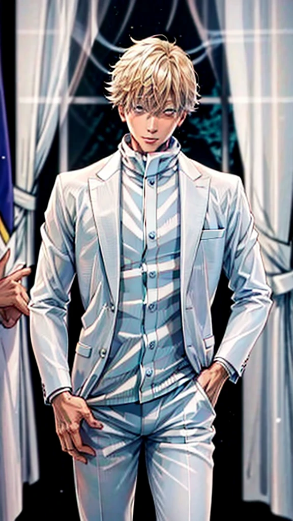 (Masterpiece), (Best Quality), (ultra detailed),Satoru Gojo at an event in an elegant white suit