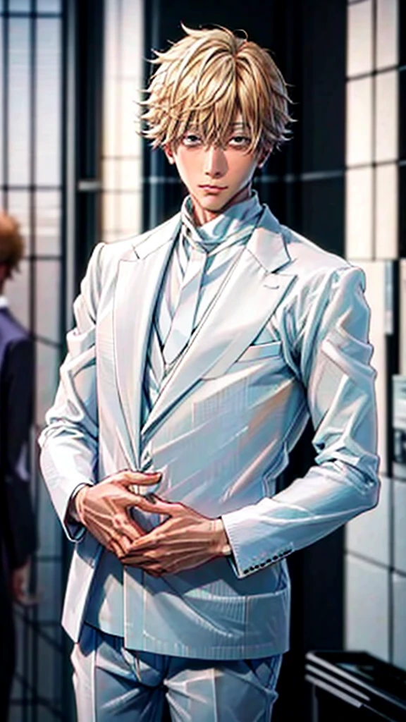 (Masterpiece), (Best Quality), (ultra detailed),Satoru Gojo at an event in an elegant white suit