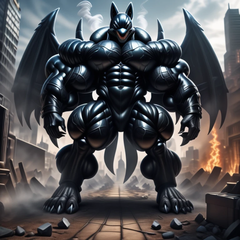 (masterpiece. official art. 8k. best quality. detailed full body. full body.)
(situation 1 : dominating mega lucario. focus GIANT mechanical Muscular mega lucario is trampling the CITY. macro. stomp. Low-angle perspective. emphasizing the immense size. The perspective is from below, emphasizing the sheer majesty and power of the Giant. giant art. He is much bigger than a skyscraper. Giga Giants. micro soccer field. looking down.)

(situation 2 :smoke and flames rising from the destruction in the city)

(Additional details 1: wearing a full-face helmet. helmet is jet black. The color of NANOSUIT is jet black. high-tech bio-mecha armor. real texture material. whole body shines like metal. Wearing cyberpunk mecha. emphasizes the muscles. suit fully made of metal. intricate armor. Robotic suit. suit fully made of metal. no face.). (mega lucario has 5 toes.) Wearing a Full Face Toxic Gas Mask. no blue.
An arrogant expression.
smile at the corner of your mouth.

(Additional details 2: (Detailed head. Detailed Body. Detailed abs. gigantic muscles. HYPER MUSCLES. Gigachad Muscular. big muscle. pecs. triceps. traps. unusually developed muscular body. body full of huge muscles. showing off muscles. pectorales enormes. Exaggeratedly huge muscles. huge muscles. long legs.).

(Additional details 3: nj5furry, Spread wings. It has wings. black have big wings. The claws are sharp. Sharp teeth.5 toes.).  Wearing a Full Face Toxic Gas Mask. 